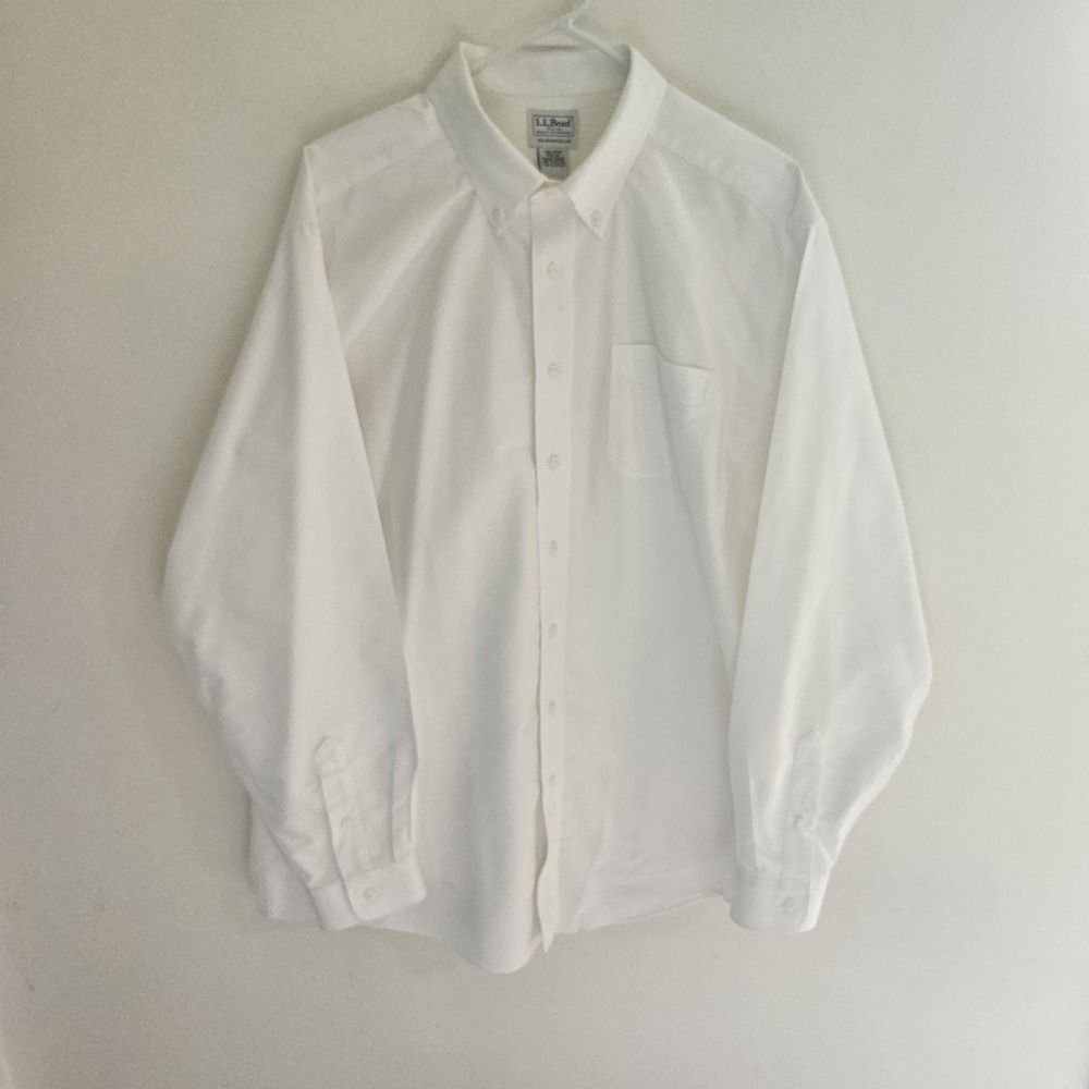 Mens LL Bean 100% Cotton White Oxford Dress Shirt 17.5/37 Collared Button-Up